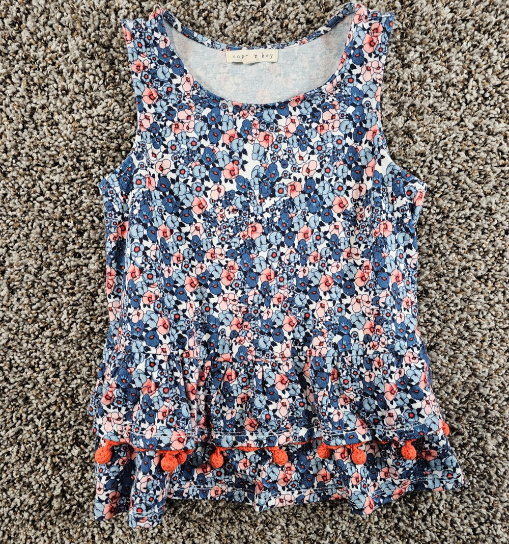 Copper Key Girls Sz S Sleeveless Blouse Tank Top Red White Blue Floral